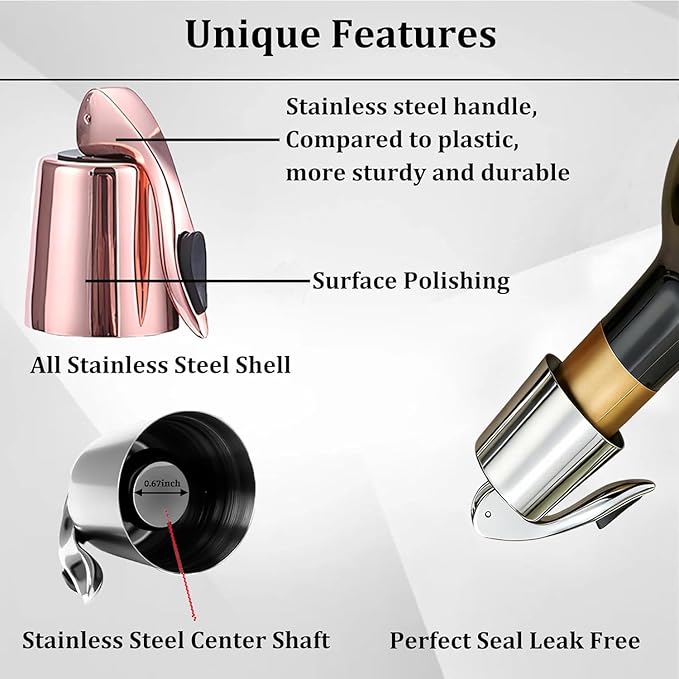 Pafusen Wine Stoppers Set of 2, Stainless Steel Wine Bottle Stopper with Silicone Seal, Reusable Wine Freshness Keep, Wine Saver Wine Bottle Sealer Stopper, Wine Accessories (Rose Gold)