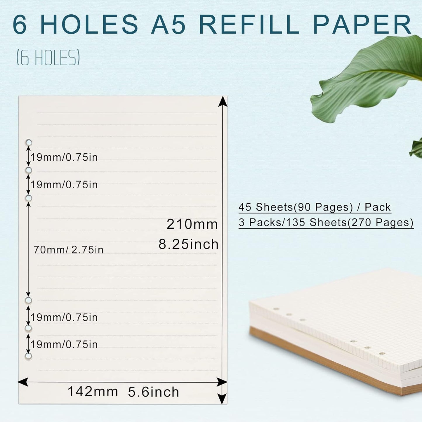 A5 Refill Paper, [3 Pack] Toplive 100GSM Thick Refillable 6 Hole Filler Inserts - 135 Sheets (270 Pages) for 6 Ring Binder Journal Notebook, Lined