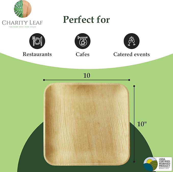 Charity Leaf Compostable 10" Square Palm Leaf Dinner Plates (200-pack) | Premium, 100% Natural, Disposable, Heavy Duty | Perfect for Parties, Weddings & Catering Events