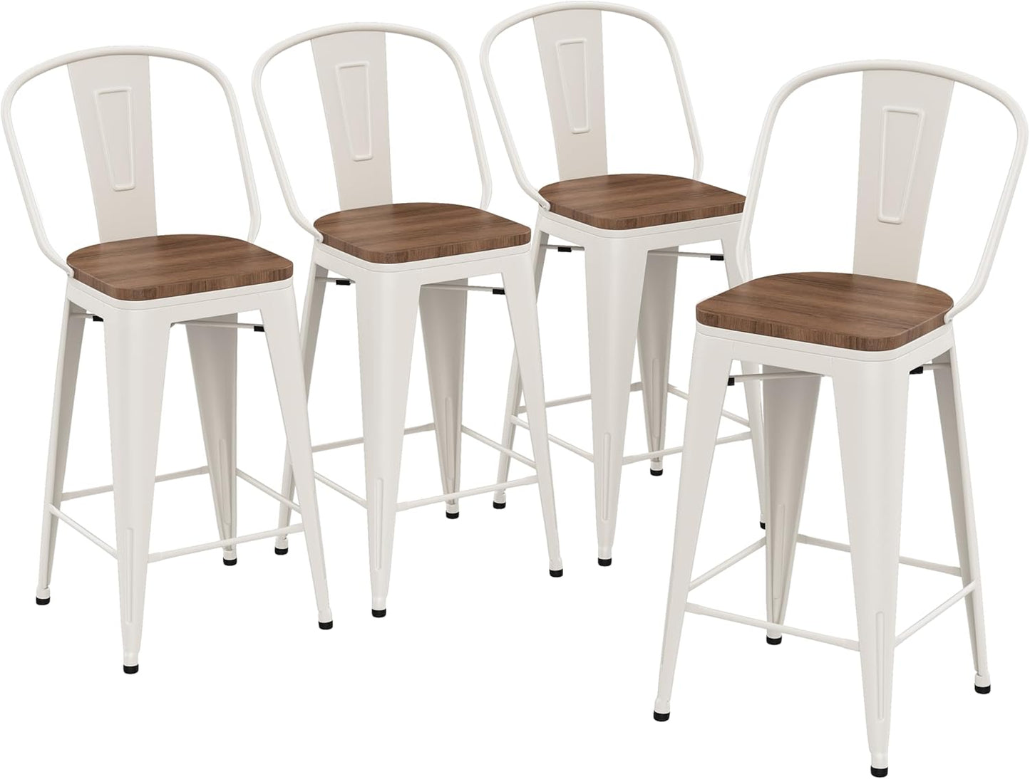 Yongqiang 26 inch Metal Bar Stools Set of 4 Farmhouse Kitchen Island Counter Height Bar Chairs High Back Barstools with Large Wooden Seat Cream White