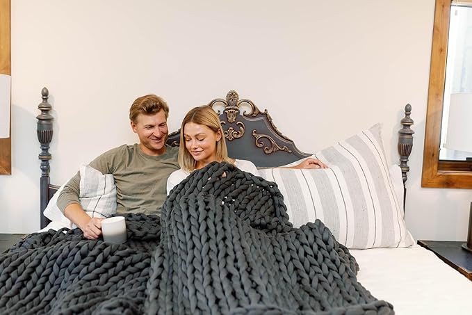 Nuzzie Chunky Knit Weighted Blanket - Breathable, Cooling, Hand Made Knit Throw Blanket for Sleep - Machine Washable, Stylish Design (Charcoal, Full | 16lbs | 48"x72")