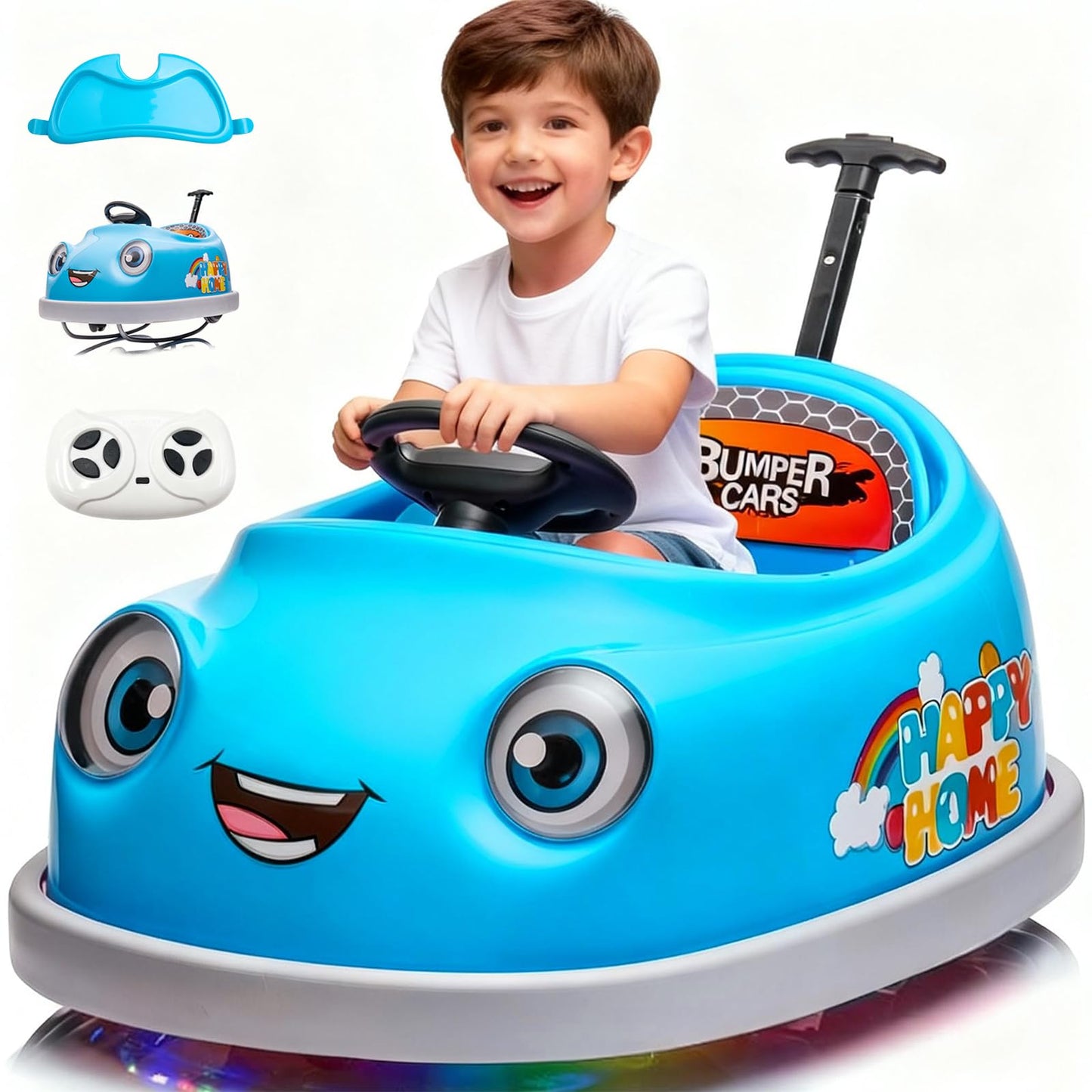 IHUESHO 6 in 1 12V Electric Bumper Car for Toddlers 1-3 with Remote Control, Baby Ride on Bumper Car, Rocking Horse, 360 Degree Spin, Safety Belt, LED Lights & Bluetooth, Gift for Girls Boys (Blue)