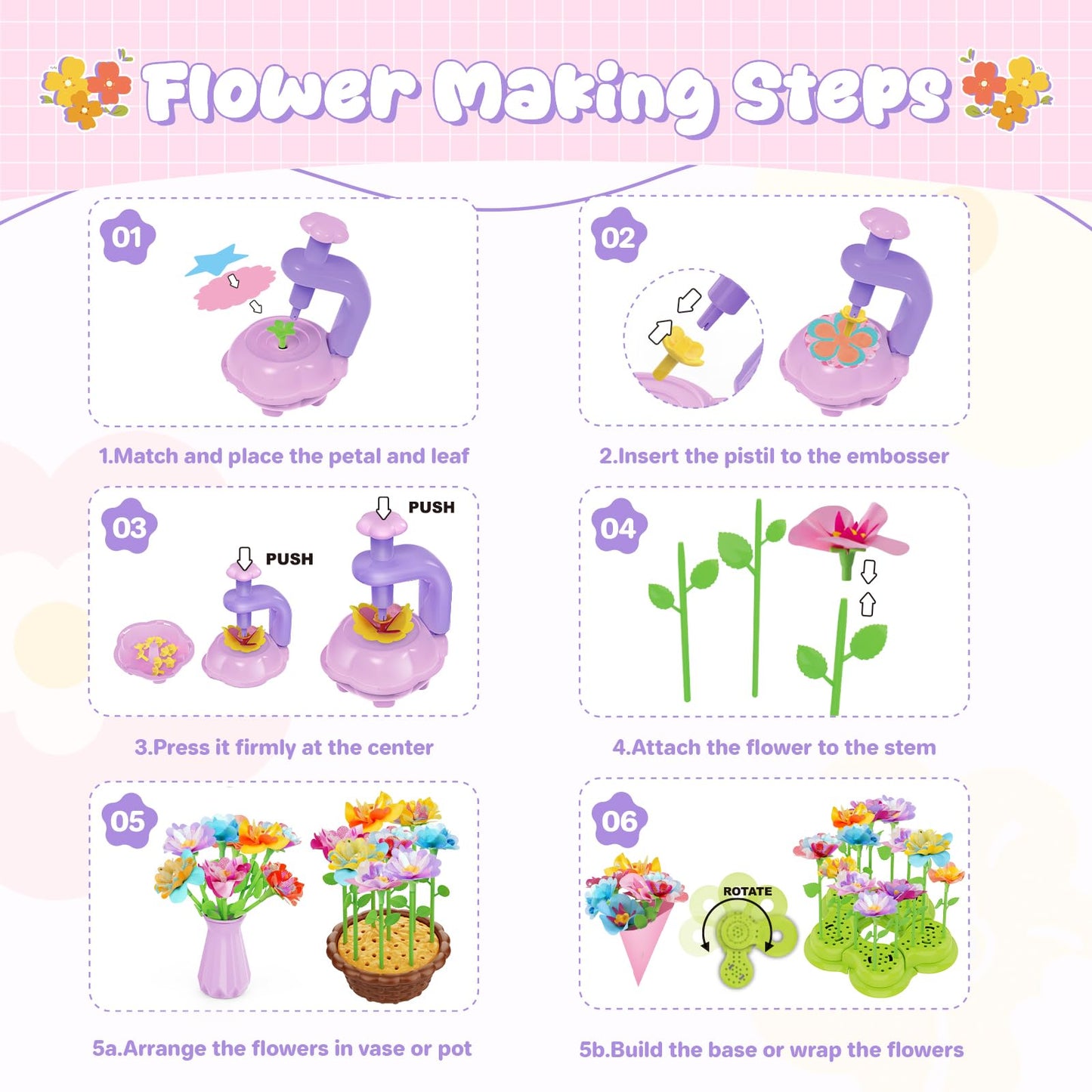 FUNZBO Craft for Girls Kids Ages 6-8-12 - Fabric Flower Making Bouquets Kit, Birthday Gifts for Age 3 4 5 6 7 Years Old Girl, Toddler Spring Summer Garden Toy