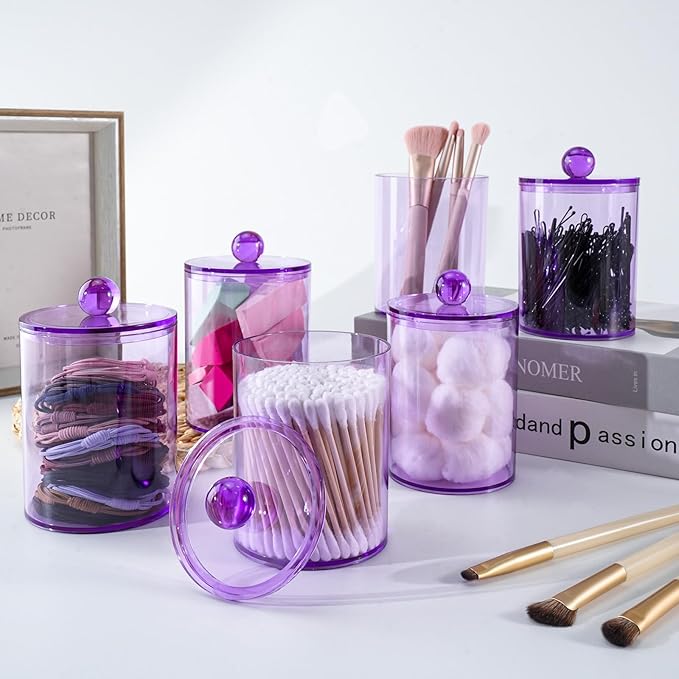 2 Pack Qtip Holder,Canister Apothecary Jar Set, Bathroom Jars with Lids Set for Cotton Swabs, Balls, Pads, Floss Picks,10oz-12oz Plastic Canisters Restroom Bedroom Vanity Organizer(Purple)