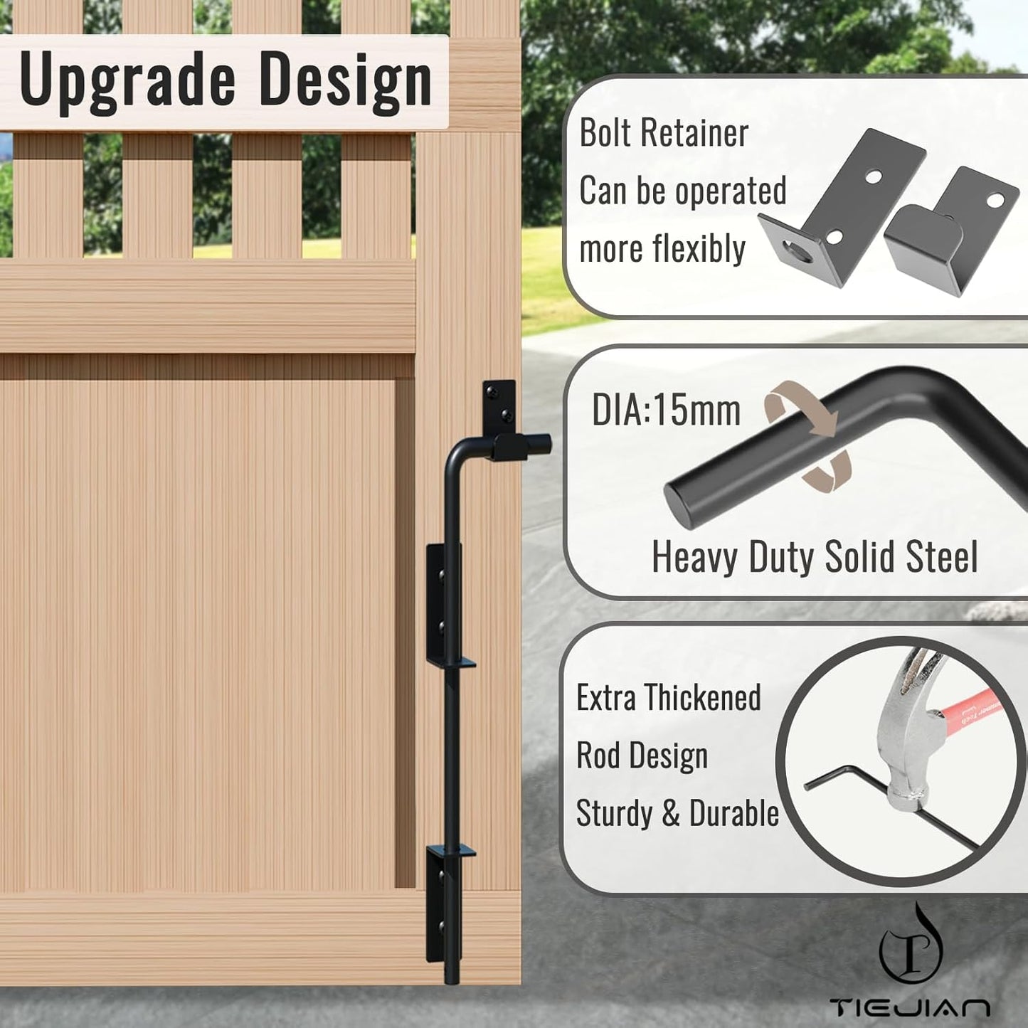 Cane Bolt Heavy Duty Gate Drop Rod 12 Inch Metal Gates Stopper for Wood PVC Vinyl Metal Fences Gates, Gate Ground Latches, Black Finish(2 Pack)