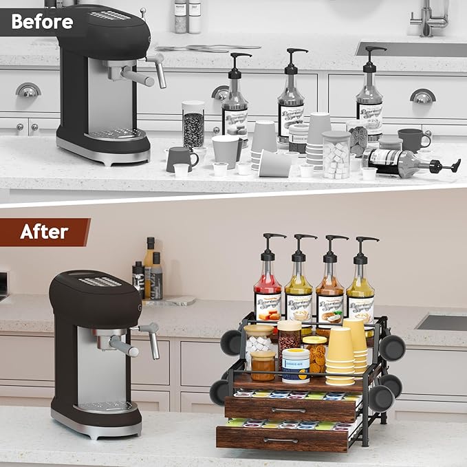 Coffee Syrup Rack Organizer - 4-Tier 8 Syrup Wine Bottles Stand with 82 Storage Drawer for K Cups, Coffee Pod Holder for Countertop, Bar Station, Kitchen, Rustic Brown