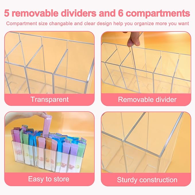 Drink Packet Organizer with Removable Divider & 6 Compartment, Mounted Water Packet Organizer with Soft Magnetic and Adhesive Sticker, Water Flavor Packet Storage for Kitchen Pantry Cabinet Fridge
