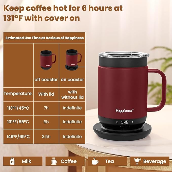 Happiness Smart Heated Coffee Mug,16oz Rechargeable Electric Self Heating Temperature Control Coffee Cup