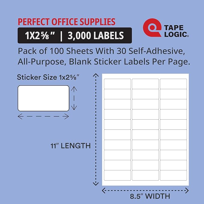 TAPE LOGIC Laser Labels Rectangle 2 5/8"x1" White (3000-pk) Self-Adhesive All Purpose Blank Sticker Label 100 Sheets of 30, Printable Office & Personal Supplies for Address Shipping & Mailing