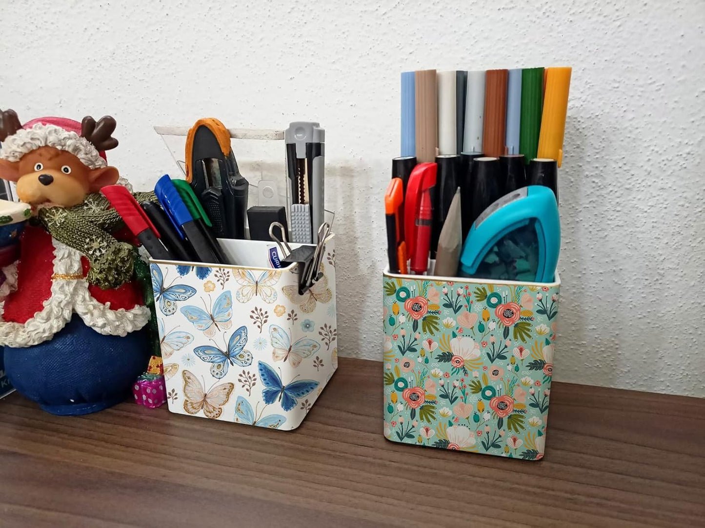 Pen Pencil Holder, Makeup Brush Holder,Ceramic Remote Control Holders Organizer with 2 Compartment Floral Multi-functional Office Organizers Storage Caddy Desk Tv Remote Holders Mint Flowers