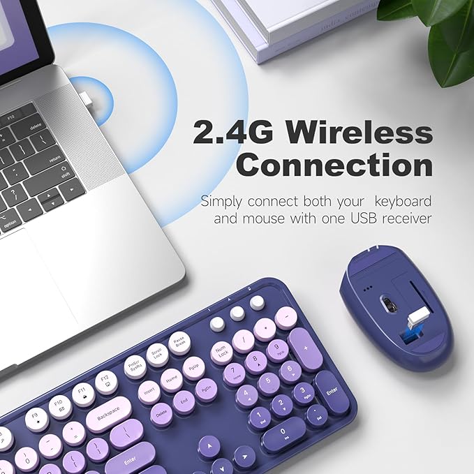 Wireless Keyboard and Mouse Combo, 104 Keys Full-Size Typewriter Keyboards, 2.4 GHz USB Receiver Plug and Play for Windows 7 8 10 11, PC, Laptop, Desktop (Purple)