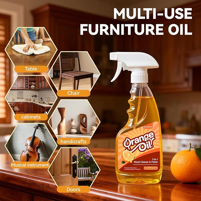 2-in-1 Wood Cleaner Furniture Polish - 2Pack Natural Orange Oil Spray Protect Wood Surface Safely, Enhanced Furniture Restorer Finish Cabinets, Tables, Antique, Floor, 32oz Total