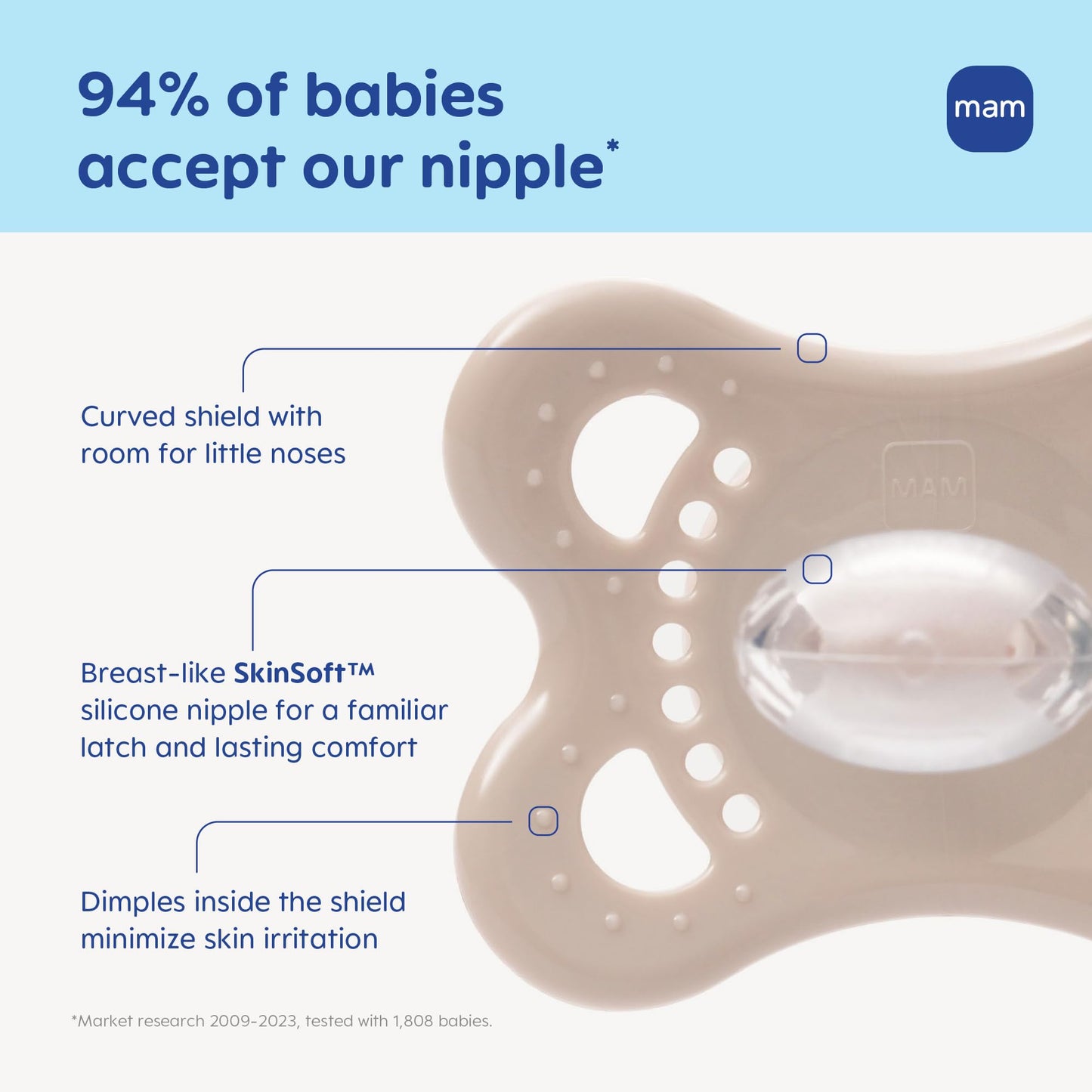 MAM Original Baby Pacifiers 0-6 Months, Binky for Newborn Babies, BPA-Free Skin Soft Silicone Nipple, Glows in The Dark, Developed with Medical Experts, 6 Count, Made in Europe