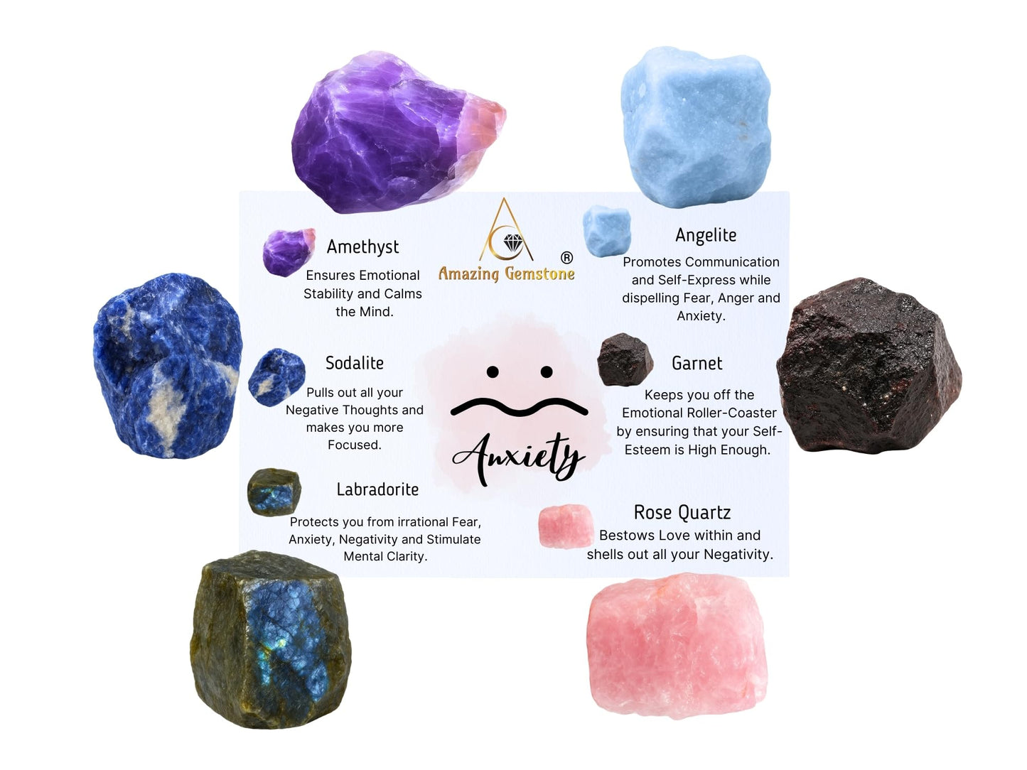 Amazing Gemstone Crystals for Anxiety Manifestation, Set of 6 Amethyst, Sodalite, Labradorite, Angelite, Garnet and Rose Quartz Healing Crystals and Stones