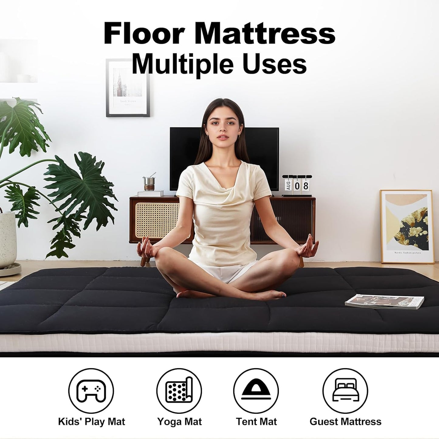 Tiita Memory Foam Mattress Topper Twin Size, 4" Thicken Futon Mattress with Storage Bag and 2 Straps, Portable Roll Up Travel Car Camping Mattress Floor Sleeping Pad, Black