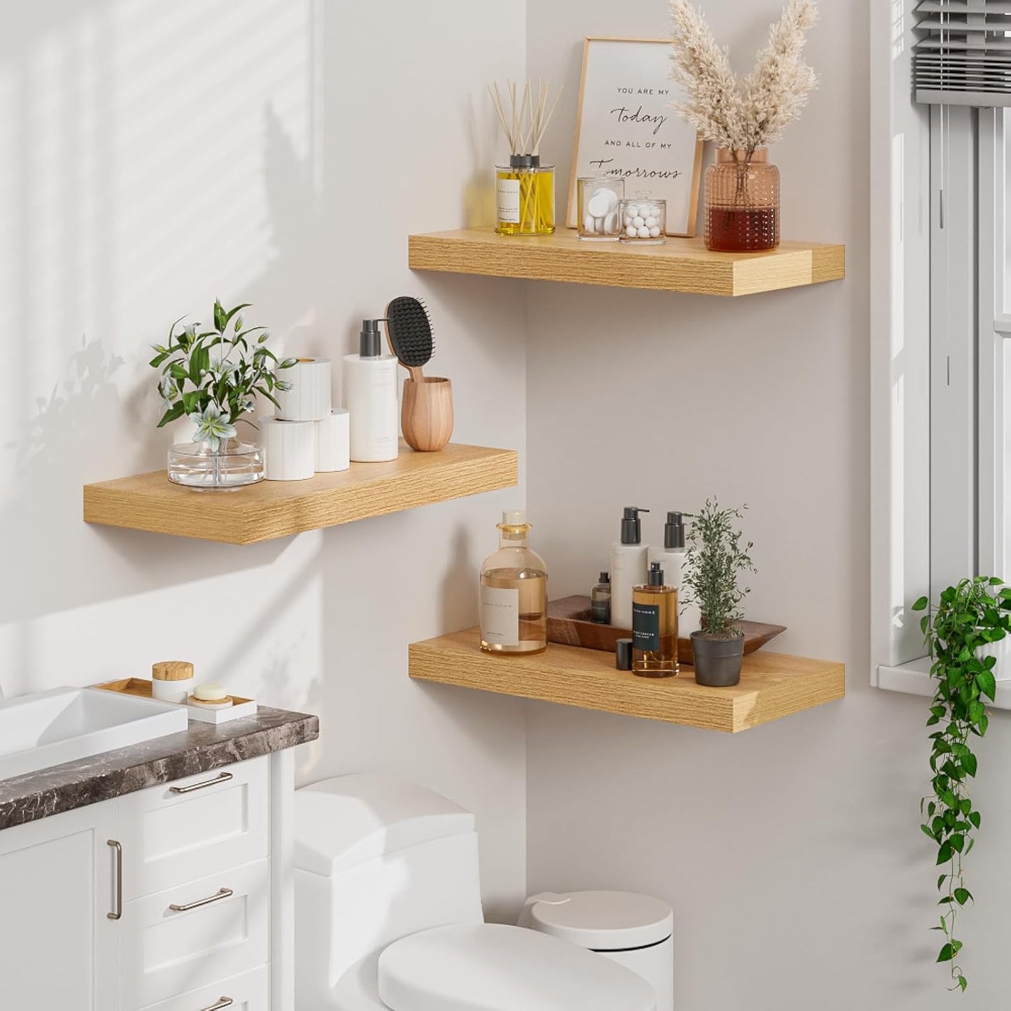 Heimlove 12" Deep Floating Shelves for Wall, 24 Inch Wall Shelf Bathroom Shelves Set of 2, Wall Mounted Shelves for Books Living Room Laundry Room Bedroom Kitchen Home Office, Oak