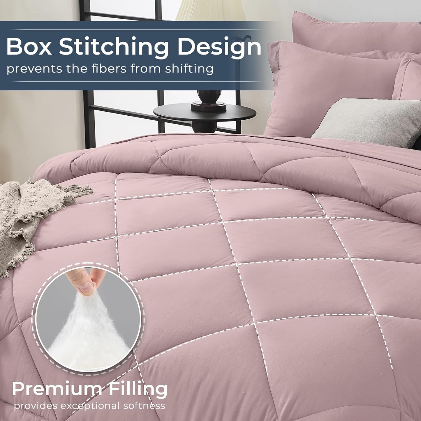 HEVUMYI Rose Gold Full Comforter Set - 7-Piece All Season Bed in a Bag Full, Ultra Soft Bedding Set with Comforter, Flat Sheet, Fitted Sheet, Pillowcases, Pillow Shams