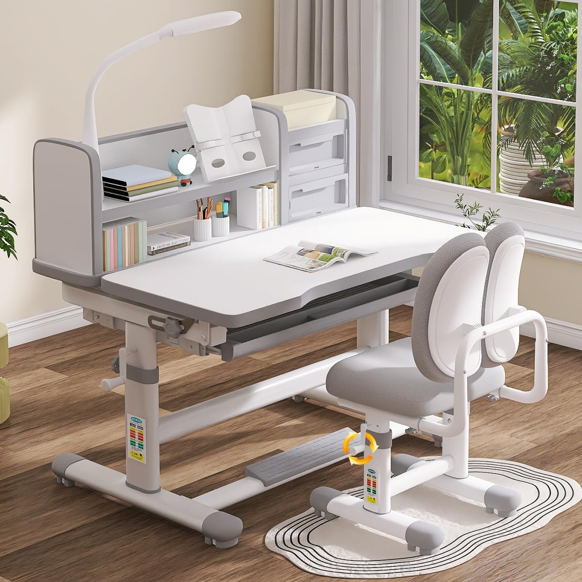Kids Functional Study Desk and Chair Sets Ergonomic Height Adjustable Children School Study Desk 3-18 Years Boy and Girl Study Table and Chair Set with Tilt Desktop,LED Light for Reading,Writing