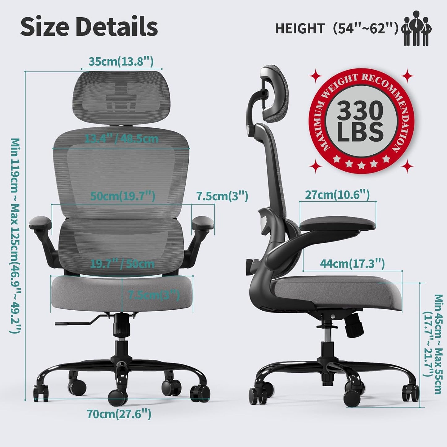 TRALT Office Chair Ergonomic Desk Chair, 330 LBS Home Mesh Office Desk Chairs with Wheels, Comfortable Gaming Chair, High Back Office Chair for Long Hours (Black Grey)
