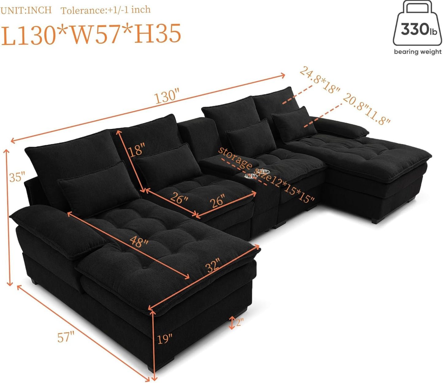 130" U-Shaped Sectional Sofa with Storage Console & Cup Holders, Upholstered 6 Seat Living Room Sleeper Couch Furniture Set w/Chaise, Cloud Cushion Couch for Home, Office, Apartment,Black