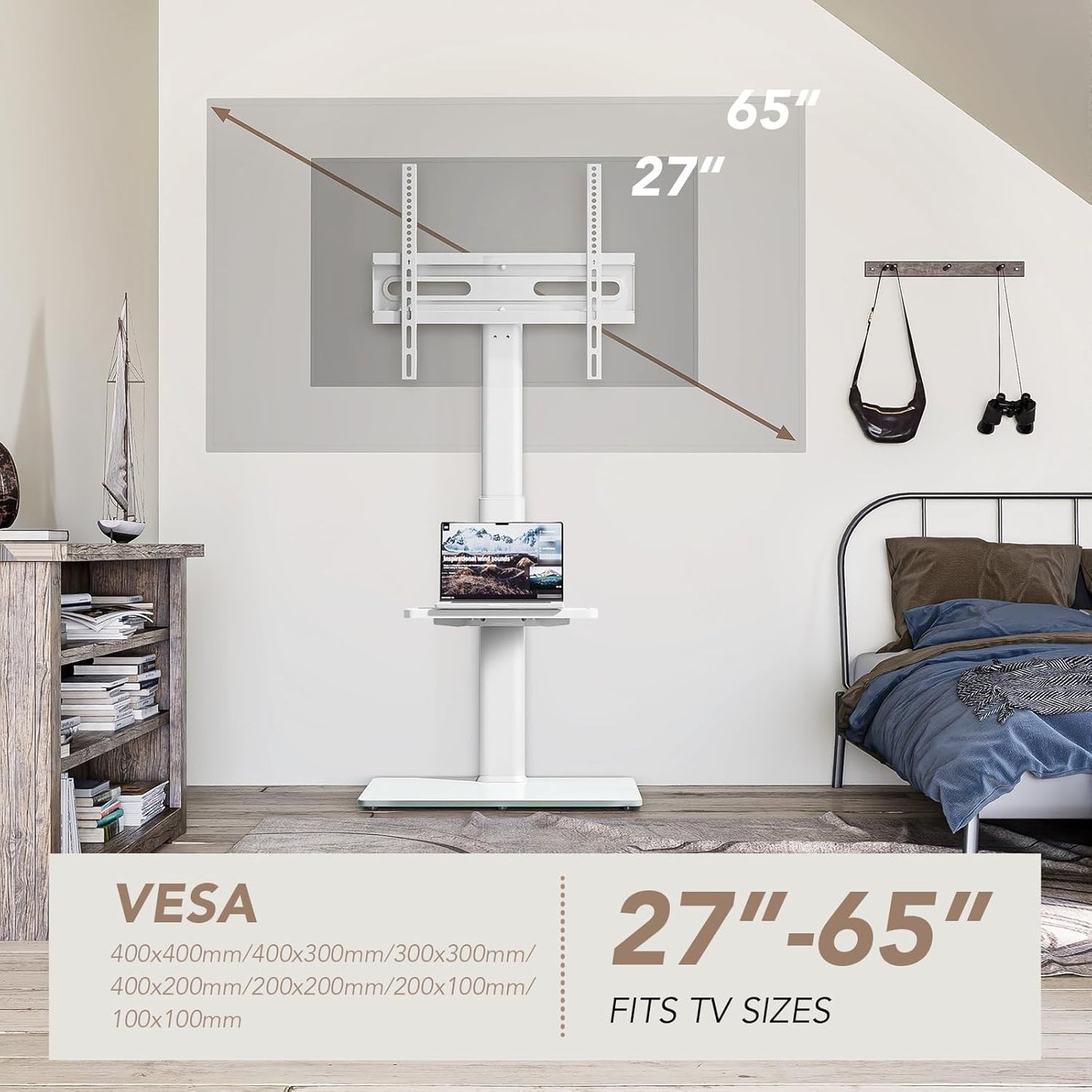 AX WABER Universal Floor TV Stand with Mount 70 Degree Swivel 9 Level Height Adjustable and Space Saving Design for Most 27 to 65 inch LCD, LED OLED TVs White