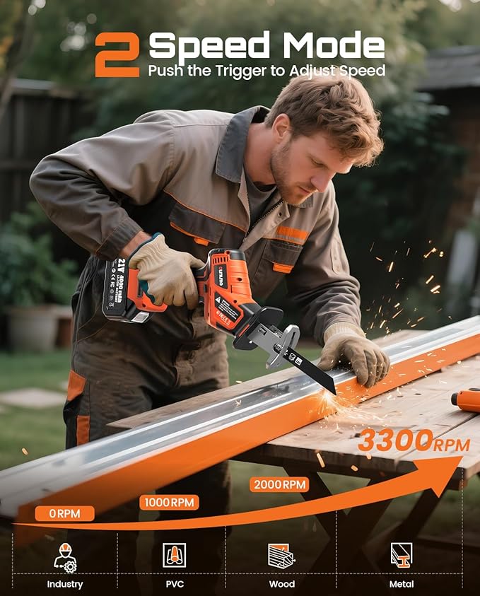 Cordless Reciprocating Saw With 8 Blades – 2×4000mAh Batteries, Brushless Motor, Variable Speed 0‑3200 SPM, Tool‑Free Blade Change, Power Reciprocating Saw for PVC Wood, Metal Cutting DIY