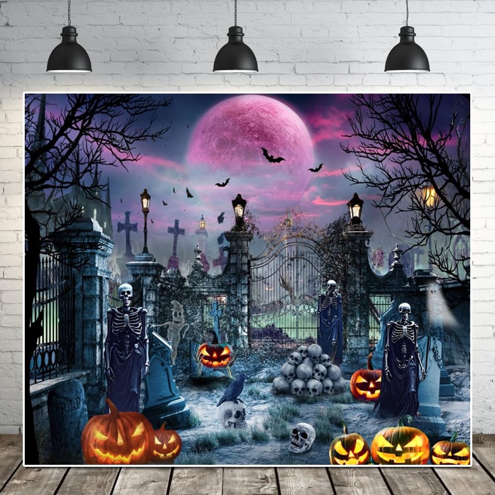 Halloween Backdrop Photography 10X8Ft Scary Cemetery Skull Moon Night Halloween Party Birthday Photo Backdrop Creepy Graveyard P