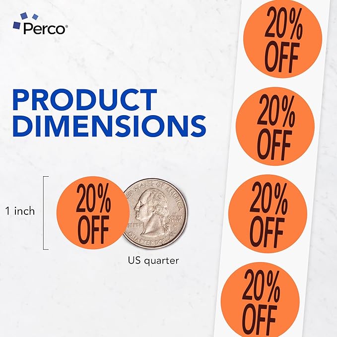 Perco Fluorescent Red 1-Inch Circle 20 Percent Off Retail Price Stickers—1,000 Perforated Labels per Roll—Ideal for Storefronts, Merchandising, Flea Markets, Discount Marking, Clearance—Made in USA