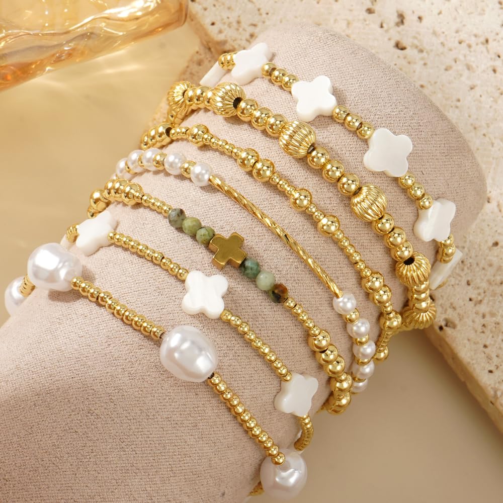 SHINUS BOHO 14K Gold Beaded Cross White Clover Pearl Stackable Bracelets for Women,7PCS Handmade Gold Beads Stretch Bracelets Stack Fashion Holiday Prom Jewelry Accessories Mothers Day Gifts Gift Friendship