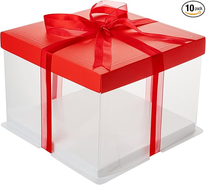 Restaurantware Sweet Vision 8.5 Inch x 6.75 Inch Transparent Cake Boxes 10 Grease Resistant Base Clear Cake Boxes - Red Lid Red Ribbon Plastic Birthday Cake Boxes For Weddings Or Birthdays