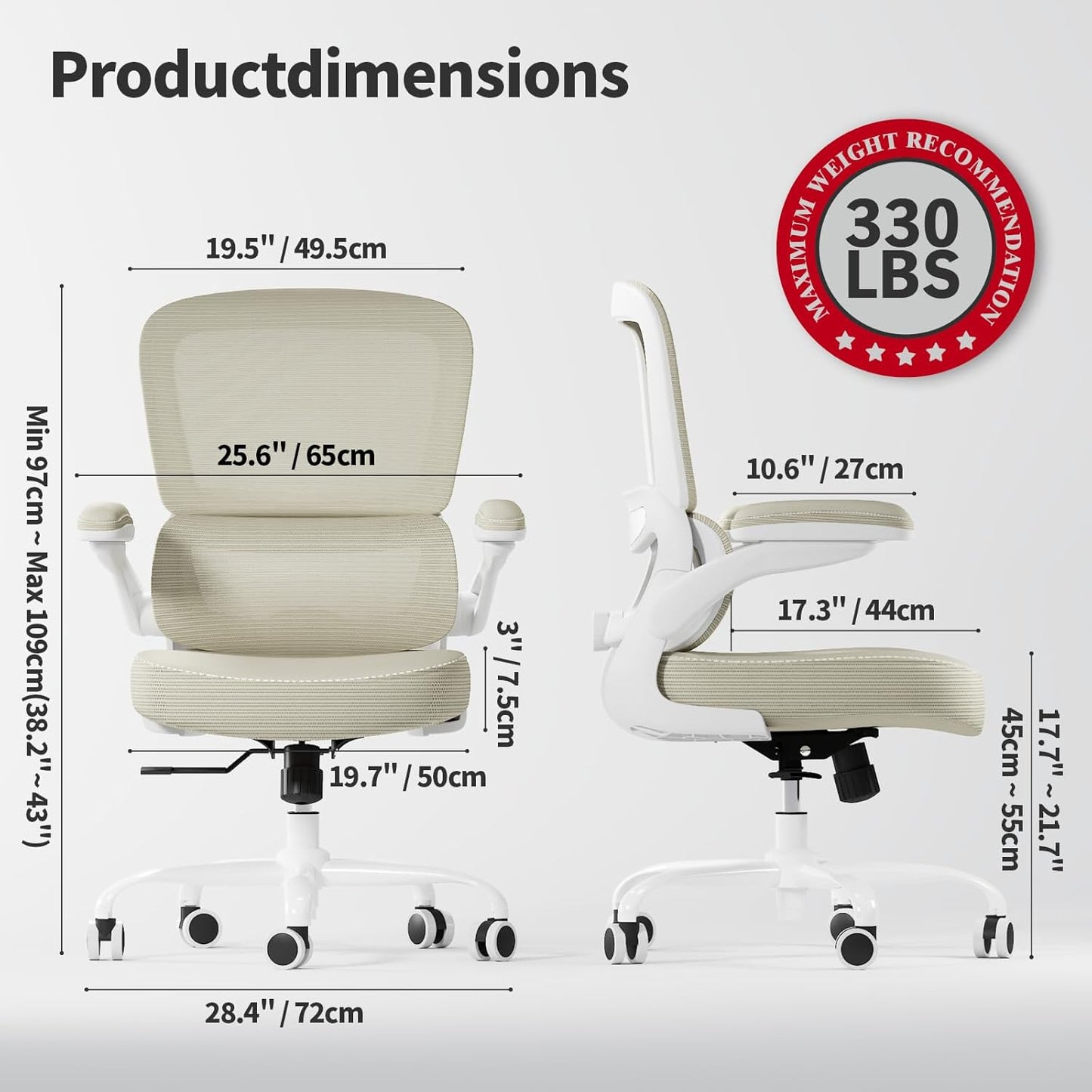 TRALT Ergonomic Office Chair - Desk Chair with Adjustable Lumbar Support Computer Chair - Mesh Comfy Chair with Flip-up Armrests - Gaming Chairs for Adults Home Office (Leather, Beige)