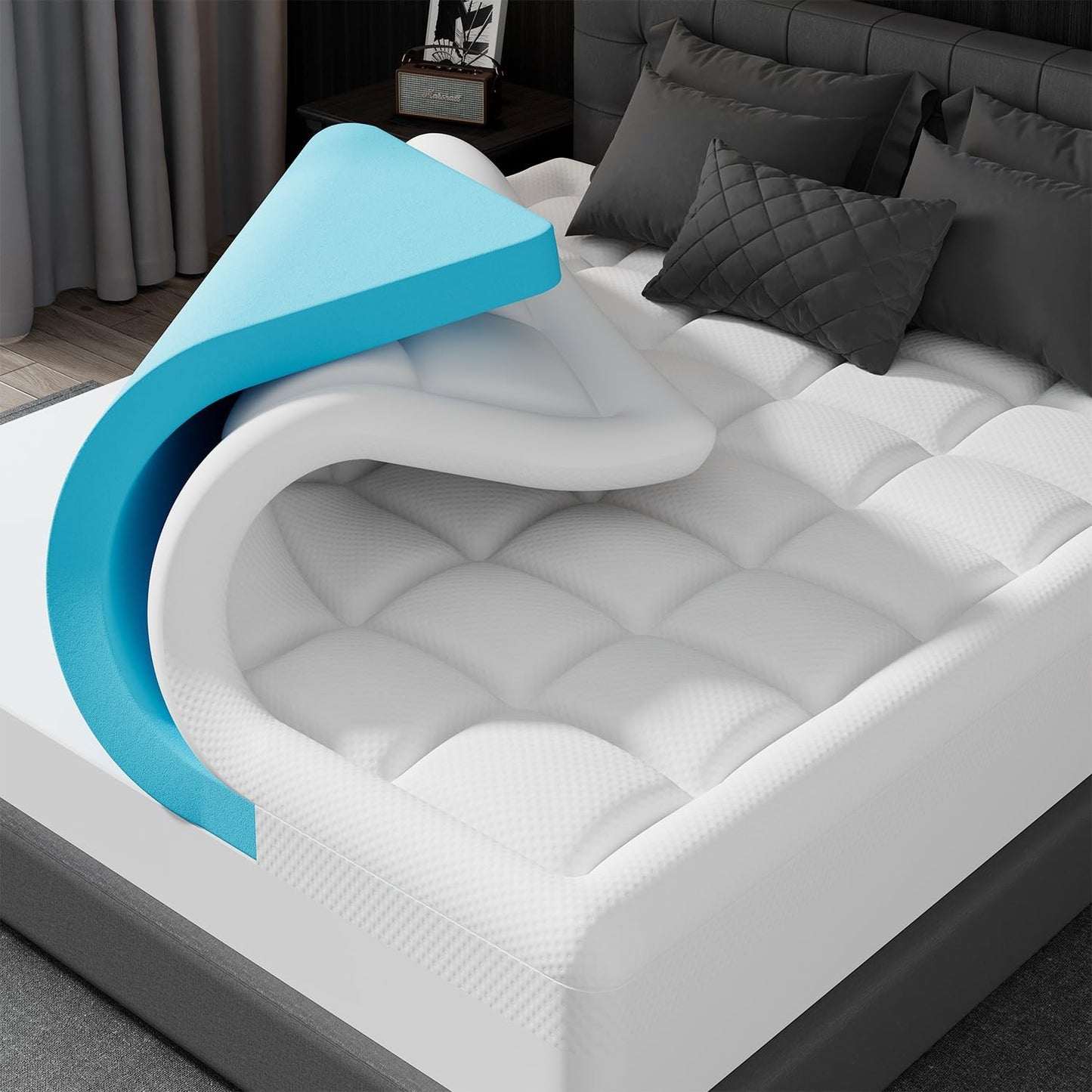 ELEMUSE King Size Dual Layer 3 Inch Memory Foam Mattress Topper for Pressure Relief, Breathable Pillow Top Mattress Pad with Deep Pocket, Enhanced Support, Non-Slip Design & Removable & Washable