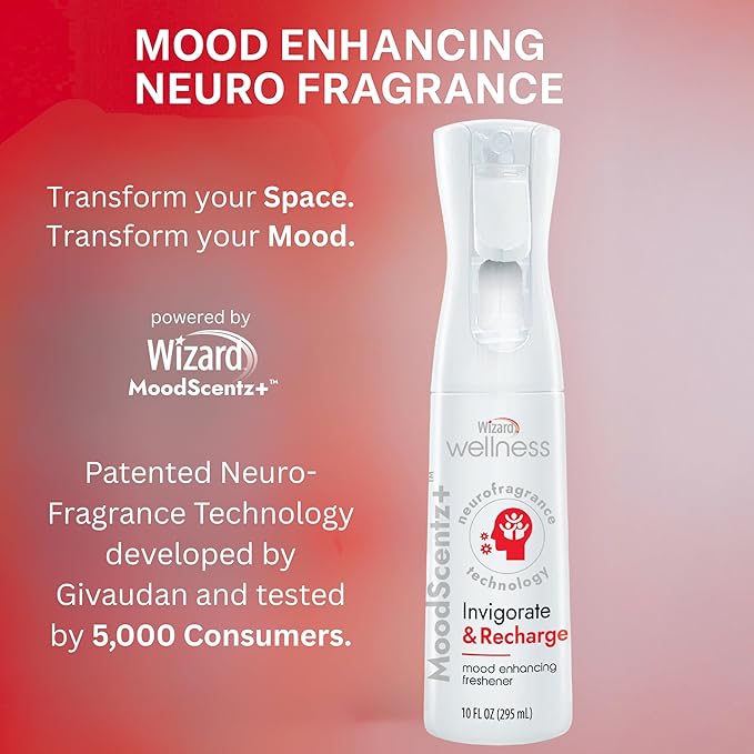 Wizard MoodScentz™ (Invigorate & Recharge) Patented Science-Backed Mood-Enhancing Room Mist, Non-Aerosol Continuous Fine-Mist Spray with Neuro-Fragrance Technology – 10 Fl Oz