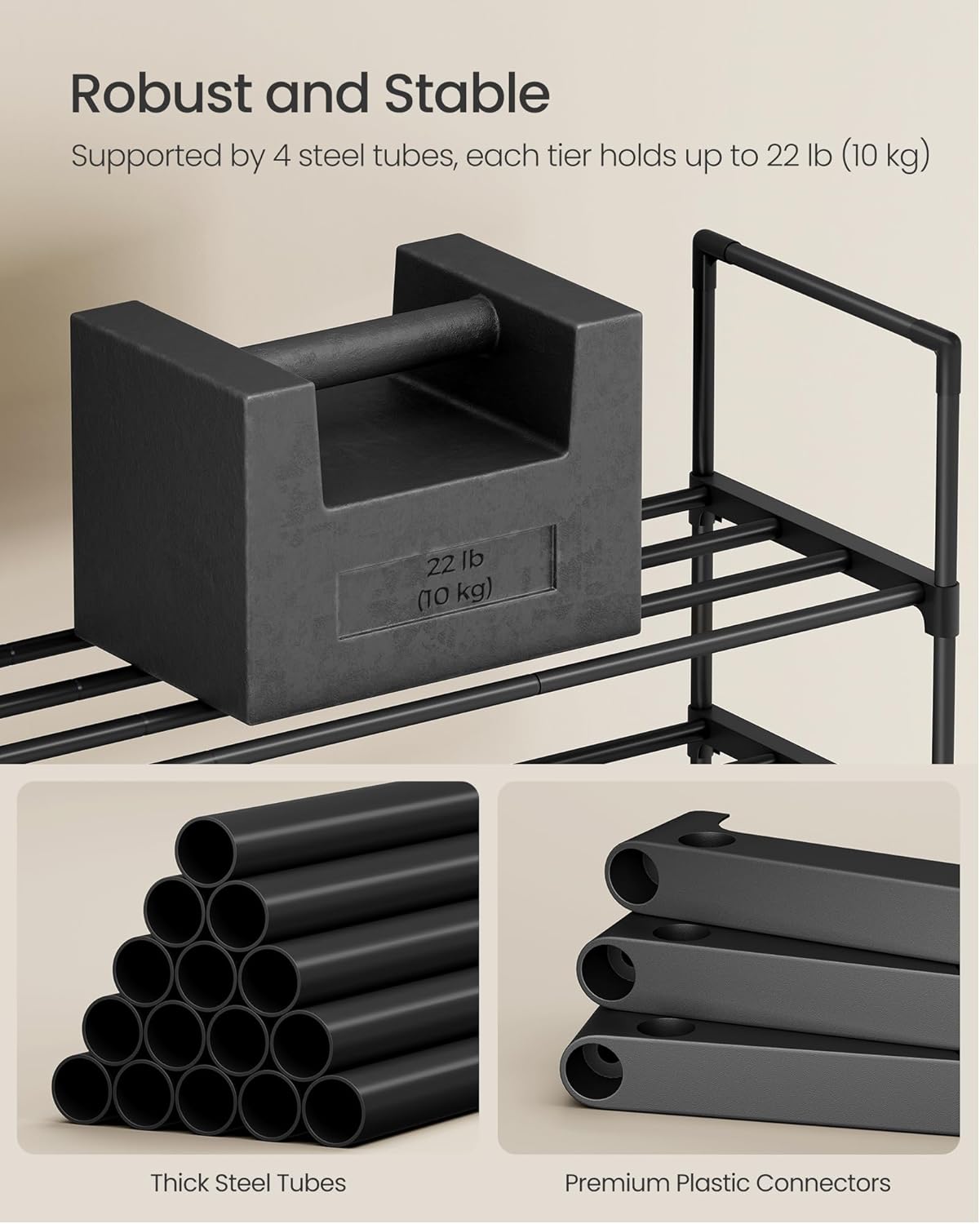 SONGMICS Shoe Rack, 4-Tier Shoe Organizer, Metal Storage Shelf, Upright or Upside Down, for 10-15 Pairs, Stackable, for Entryway, 11.8 x 26.8 x 29.5 Inches, Black ULSA204B01