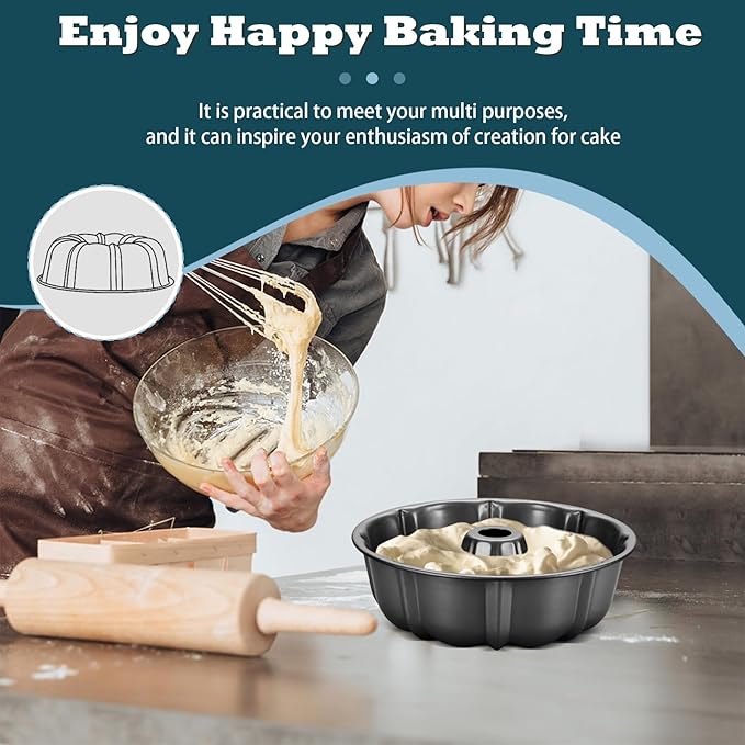 P&P CHEF 10 Inch Gray Non-stick Cake Pan, Carbon Steel Fluted Tube Round Baking Pan for Pound Cake, 10-Cup Large Capacity Bakeware, Healthy & Heavy Duty, 1 Piece