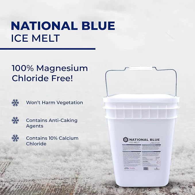 National Blue Ice Melt and Snow Salt 35lb Bucket - Fast Acting Ice Melter - Pet, Plant and Concrete Friendly, Environmentally Safe - Free of Magnesium Chloride - Melts to -15°F