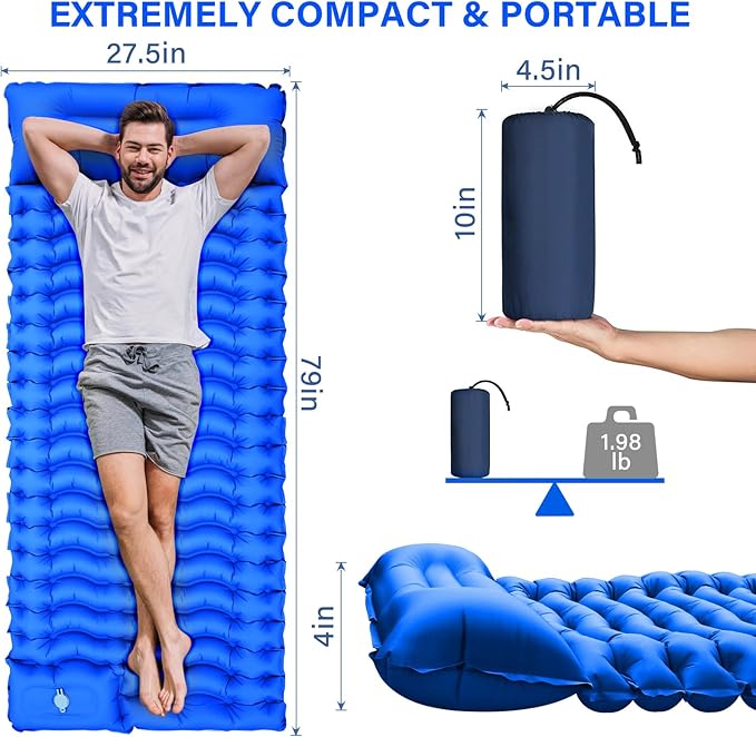 Camping Sleeping Pad with Pillow Built-in Foot Pump Inflatable Sleeping Mat Compact for Camping Backpacking Hiking Traveling - Blue