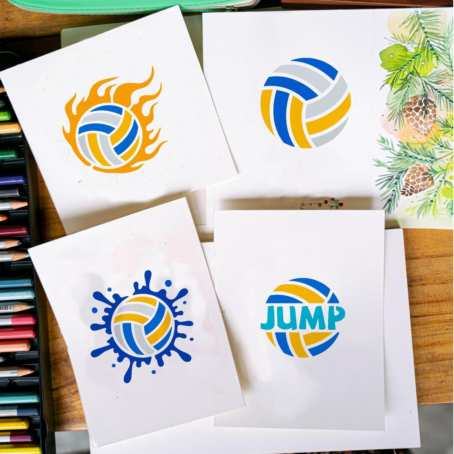 FINGERINSPIRE Volleyball Stencil with a Paint Brush 11.7x8.3Inch 6Styles Volleyball Pattern Stencil bPET Volleyball Decoration Template Reusable Sports Themes Template for Wood Wall Floor Furniture