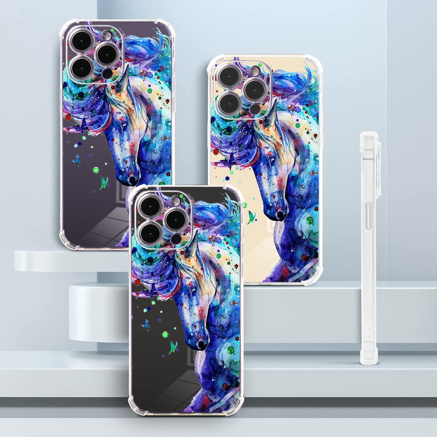 Roemary Purple Case For Iphone 7/8/Se 2020 With Blue Horse Design,Watercolor Pattern With Screen Protector [Buffertech 6.6 Ft Dr