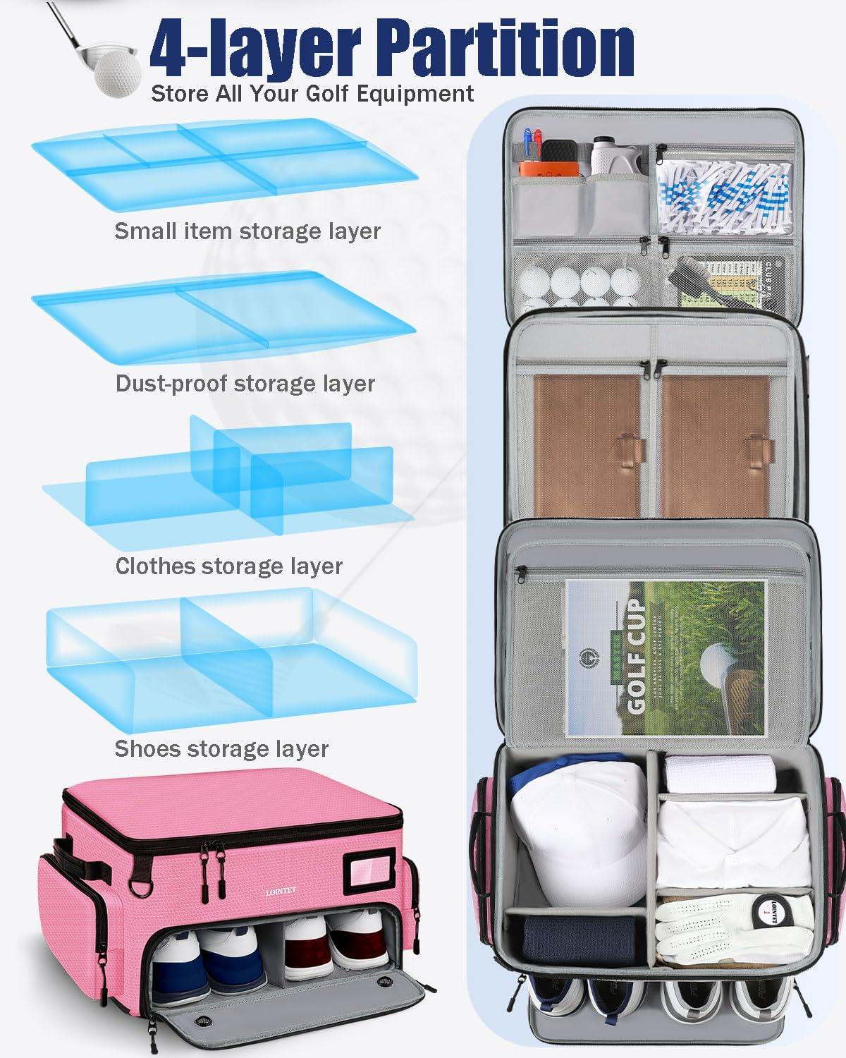 Golf Trunk Organizer, Waterproof Car Golf Locker with Separate Ventilated Compartment for 2 Pair Shoes, Golf Storage for Balls, Tees, Cap, Clothes, Gloves, Accessories, Gifts for Men, Women