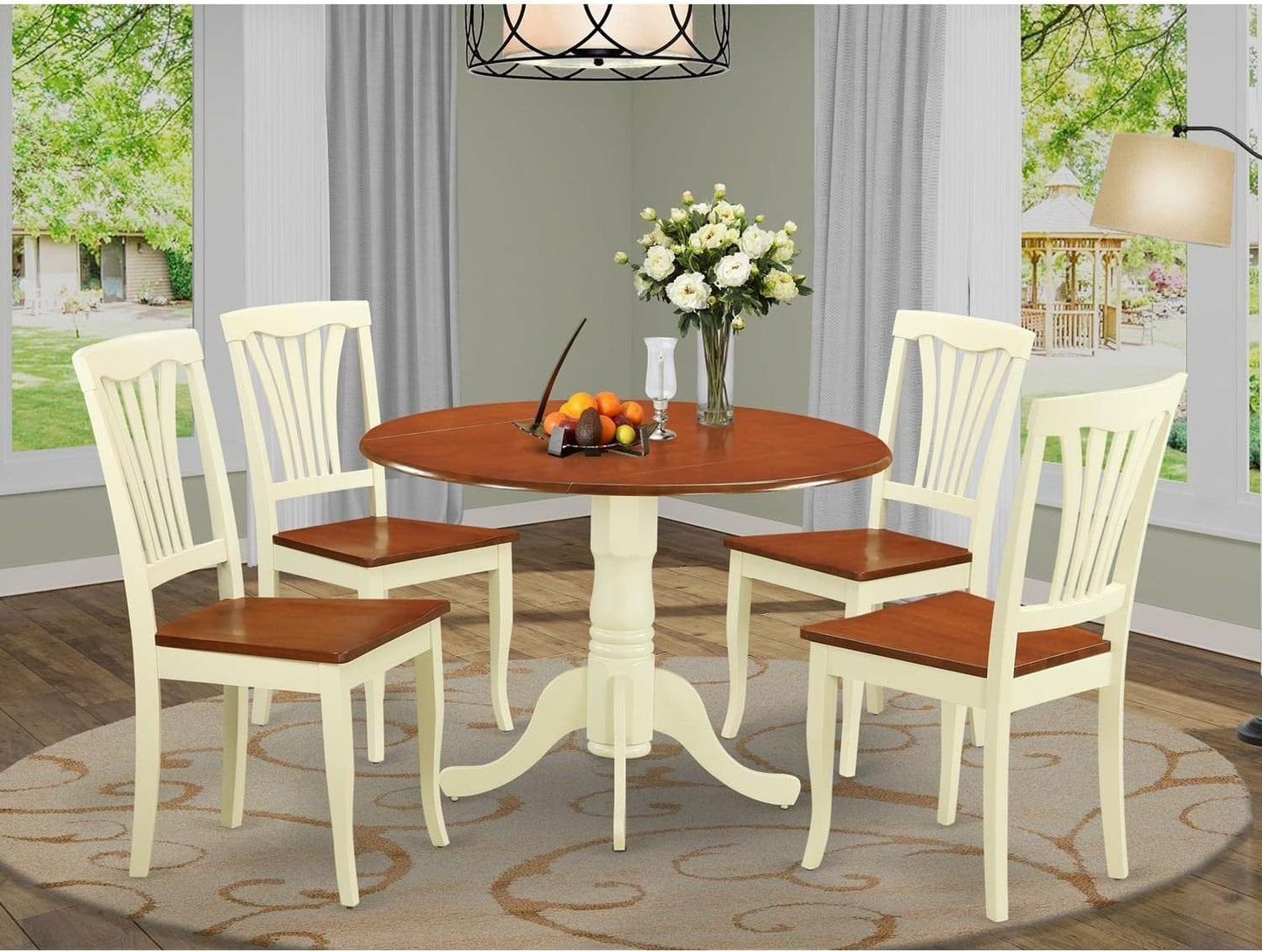 East West Furniture DLAV5-BMK-W 5 Piece Kitchen Table Set for 4 Includes a Round Dining Room Table with Dropleaf and 4 Solid Wood Seat Chairs, 42x42 Inch, Buttermilk & Cherry