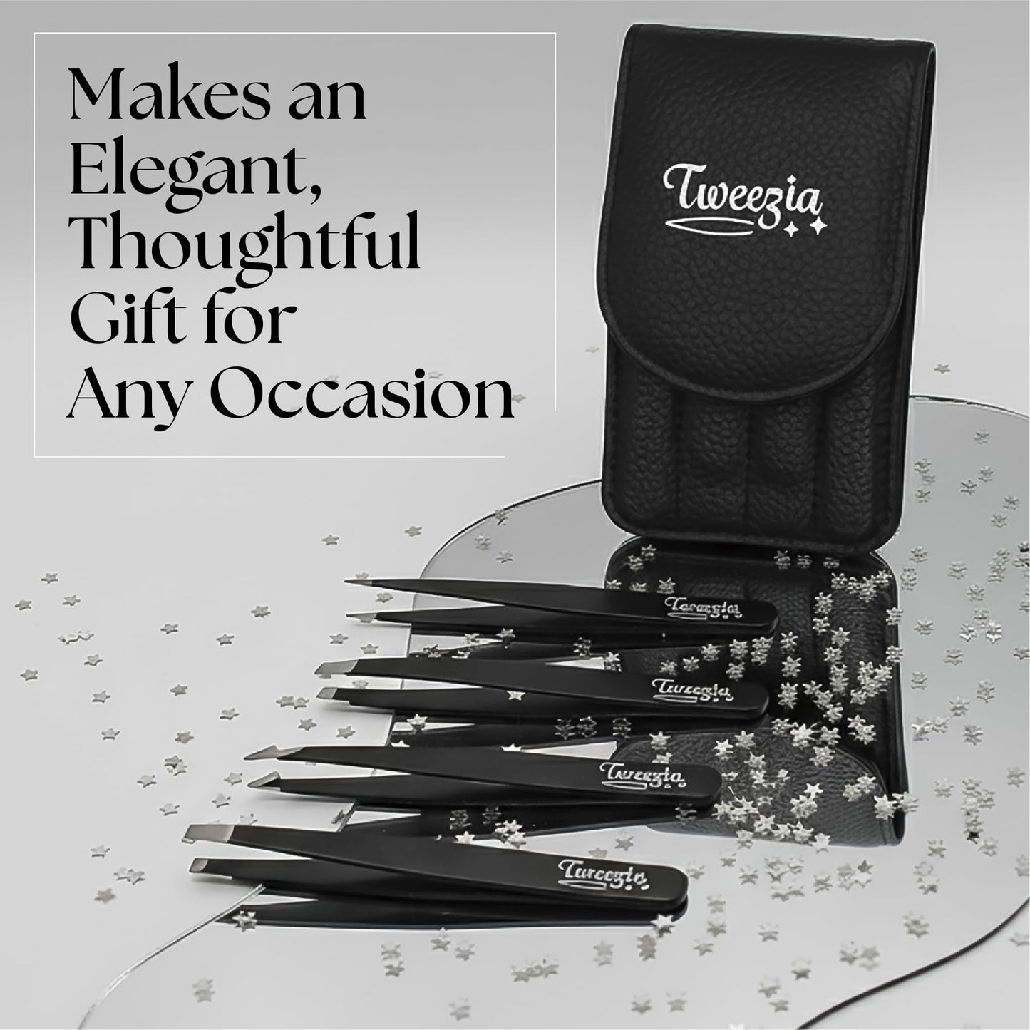 TWEEZIA Stainless Steel Tweezer Set - 4 Precision Tweezers with Mirror & Leather Case - Ideal Eyebrow Kit, Ingrown Hair Tweezers, Splinter Removal Kit or Pointed Tweezers for Beauty and Personal Care
