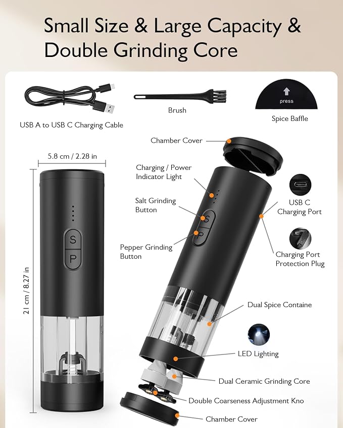 Electric Salt and Pepper Grinder Set, 2 in 1 Dual Bins USB Rechargeable Refillable Automatic Salt and Pepper Mill Shaker with LED Light, Dual Ceramic Grinder Adjustable Coarseness, House Warming Gift
