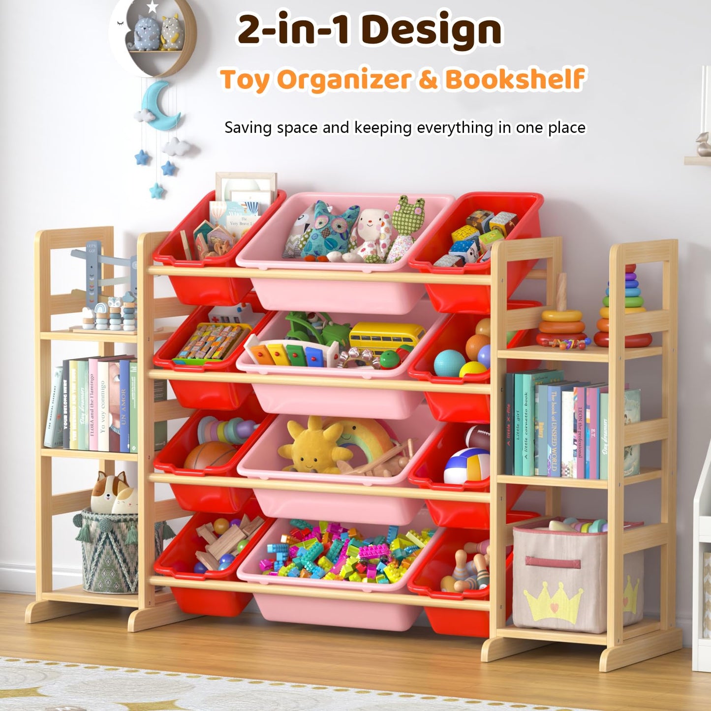 Ratulie Large Toy Storage Organizer Kids Toy Organizer and Bookshelf Combo with 12 Bins and 6 Shelves Toy Organization Box Toy Shelf for Playroom, Bedroom, Nursery