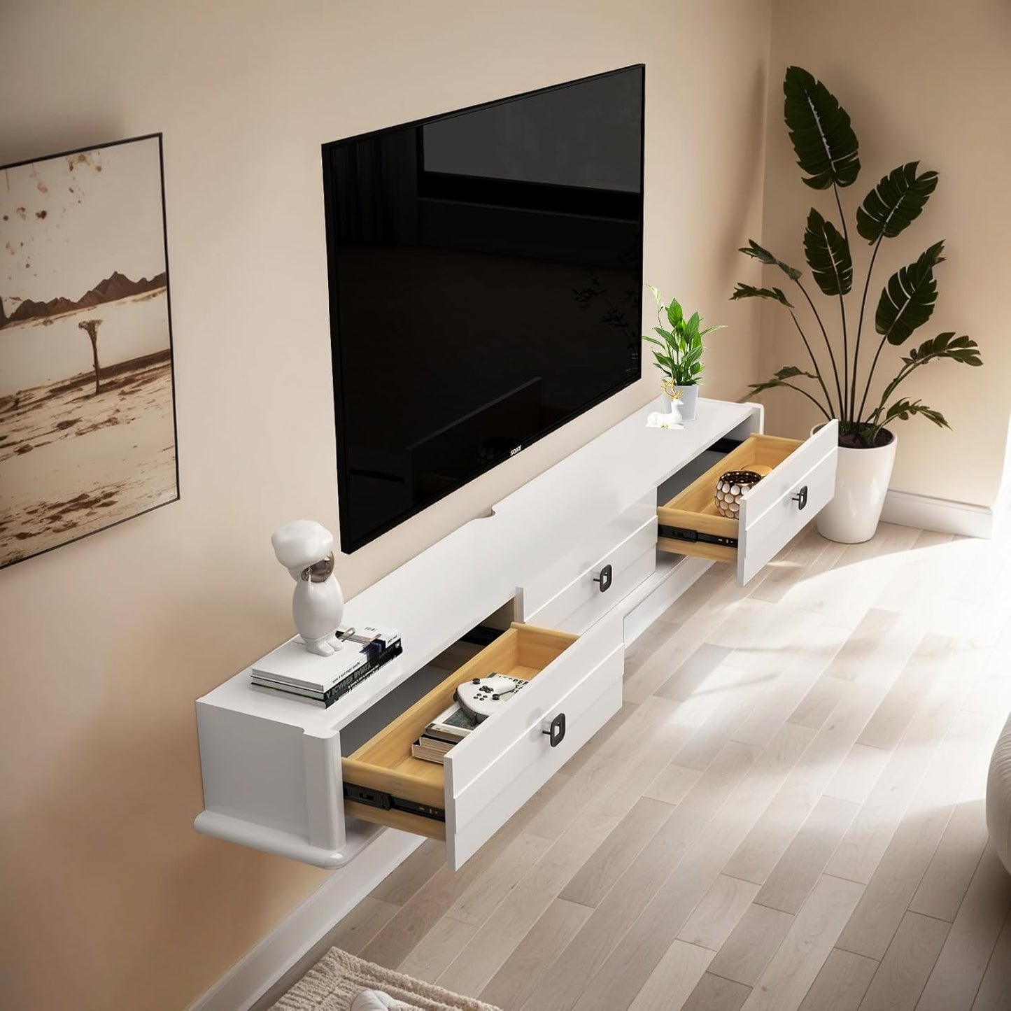 Pmnianhua High Gross Floating TV Stand,74″ Solid Wood Wall Mounted TV Console,Floating Entertainment Center with Door and 2 Drawers,Under TV Shelf for TVs up to 85''(White)