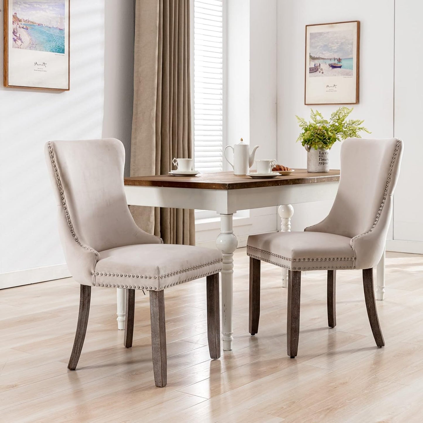 PacknWood Acosure Set of 2 Velvet Upholstered Wing-Back Dining Chair with Backstitching Nailhead Trim,Exquisite Furniture Stool W/Wood Legs,for Kitchen,Sitting Room,Beige