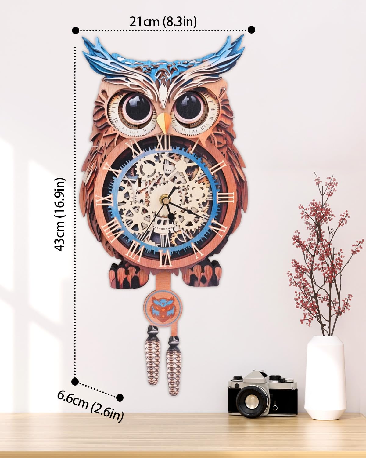 Rnfinewow 3D Wooden Puzzles for Adults, Owl Clock with Pendulum Model Kit, 3D Puzzles for Adults Room Home Decor DIY Wall Clock Kit, Holiday Birthday Christmas Day Gifts for Men Women
