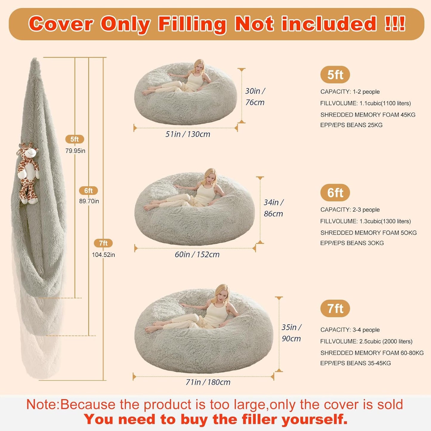 Large Bean Bag Chair Cover, Plush Bean Bags Chairs Cover Only Without Filler Included, Beanbag Chairs for Adults, Teens, Kids, 7FT, Light Grey