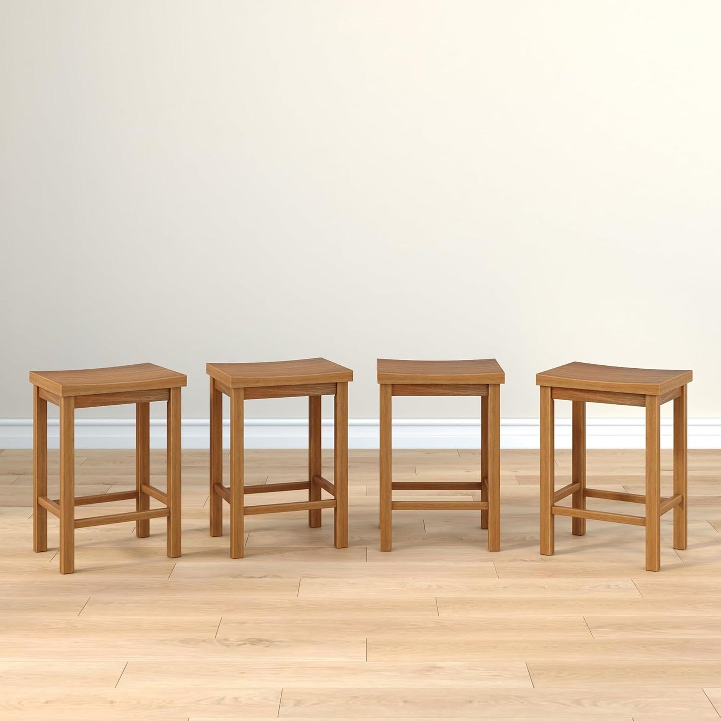 Grain & Grove Smith Collection Set of 4 Solid Wood Counter Height Bar Stools, 24-Inch Saddle Seat Backless Stools, Ideal for Kitchen Island, Dining, or Home Bar Seating, Pecan