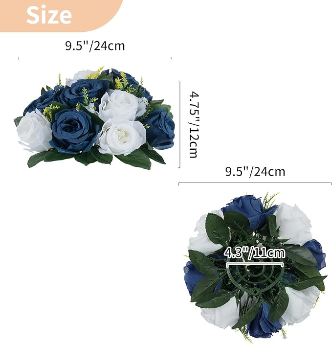 NUPTIO Artificial Flower Centrepieces for Tables - 10 Pcs Navy Blue & White Fake Flowers Roses Balls 9.5in Diameter - Silk Faux Rose Arrangement for Wedding Party Centerpiece Table Decorations